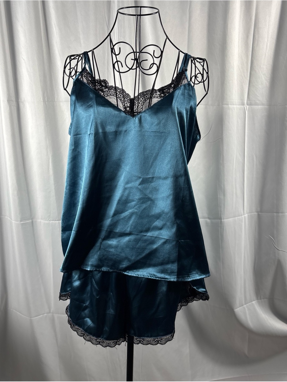 Satin Lace-Trim Cami & Short Sleep Set — Teal Blue